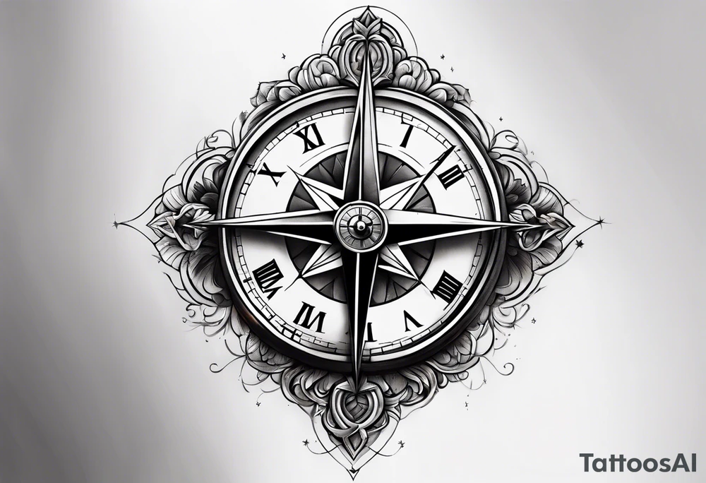 Cross with clock and compass tattoo idea