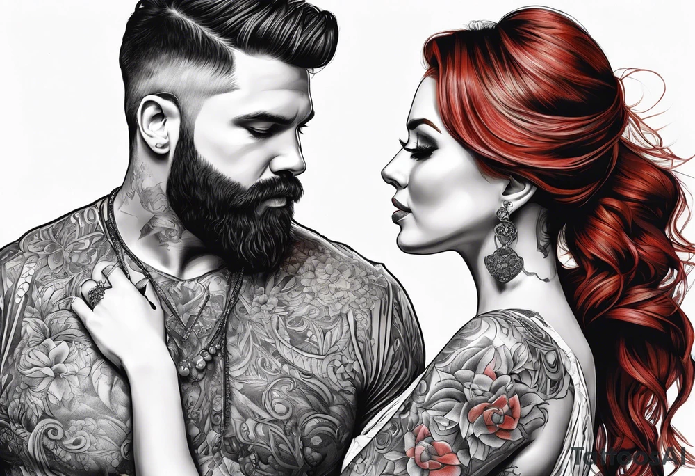 Busty red haired woman with a bearded man who has black hair getting married tattoo idea
