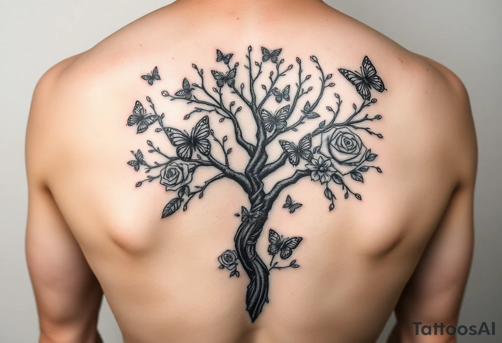 a poisoned tree with butterflies and roses around it and a semicolon somewhere in there make it a leg sleeve tattoo idea