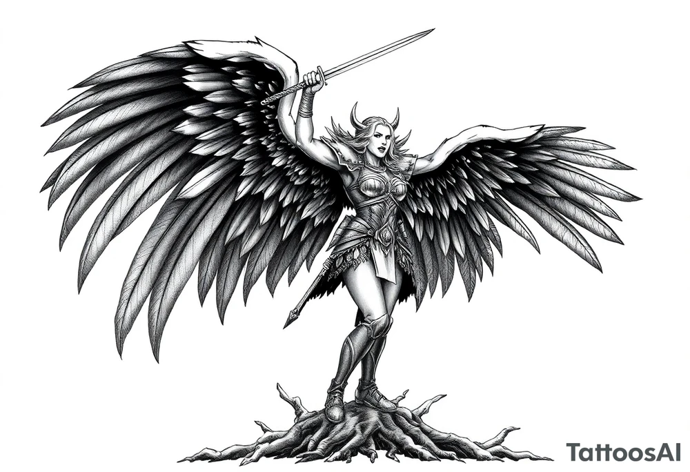 A fierce looking Valkyrie with very big dark wings. The whole body with legs should be visible.
She has armor.
She is standing in a battle ready pose with a sword held high.

She is screaming.
She is standing on roots tattoo idea