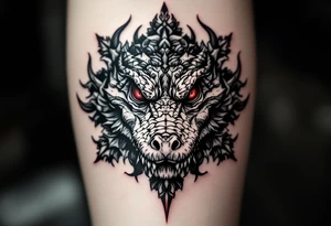 powerful majestic aligator with red eyes, surrounded by death ornaments tattoo idea
