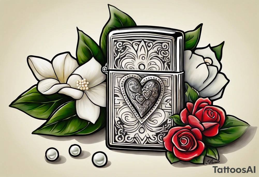 A tattoo of a vintage zippo lighter with a traditional heart engraved on the front.. inside the heart is quote "MAMA" a white gardenia is in front of the zippo and a string of pearls surrounds it.. the zippo is lit and the lid has quote "TRIED" ENGRAVED ON IT tattoo idea