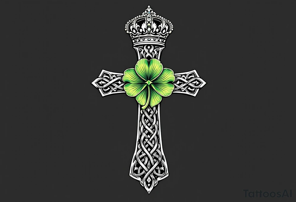Celtic cross tattoo featuring intricate knotwork patterns along the arms and base of the cross. At the heart of the cross, place a vibrant four-leaf clover, its leaves shaded with subtle gradients of green, symbolizing luck and unity. Above the cross, incorporate a regal crown adorned with ornate details, such as small gemstones or filigree, to signify authority and strength. Behind the cross add some tree of life elements and celtic knots tattoo idea