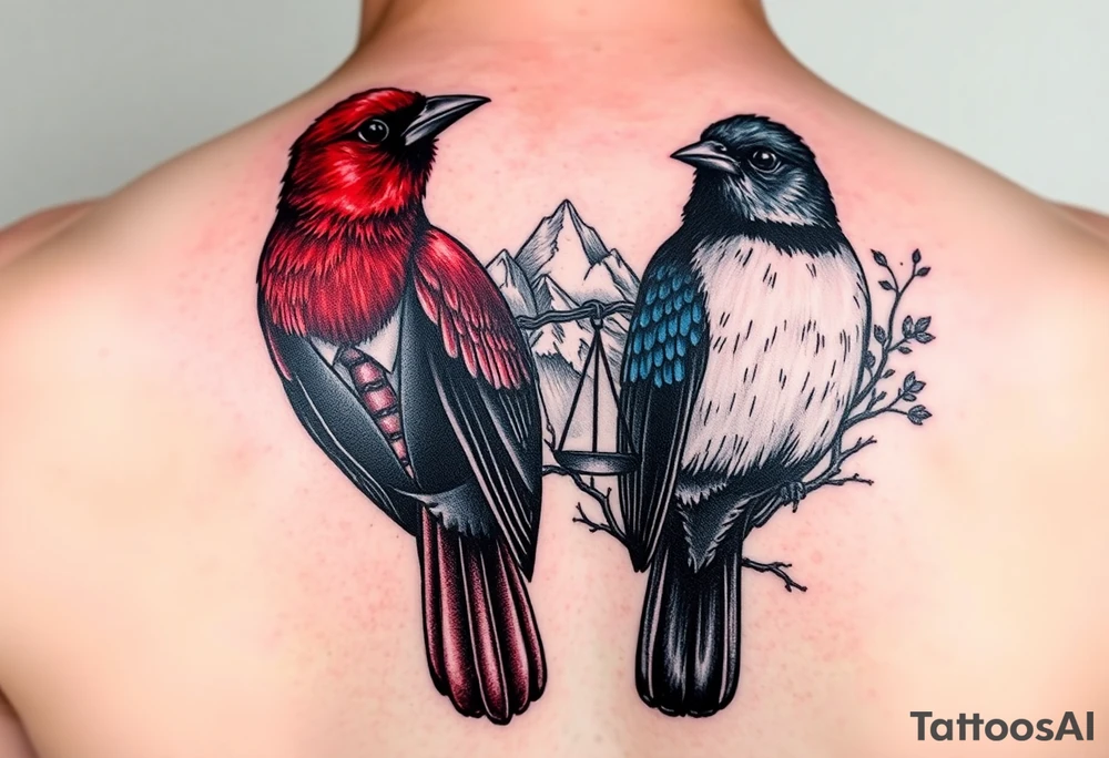 2 birds as the focus, 1 red bird in a suit, 1 navy blue bird with glasses, scales of justice in a tree, starry night painting and mountain background tattoo idea