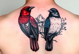 2 birds as the focus, 1 red bird in a suit, 1 navy blue bird with glasses, scales of justice in a tree, starry night painting and mountain background tattoo idea
