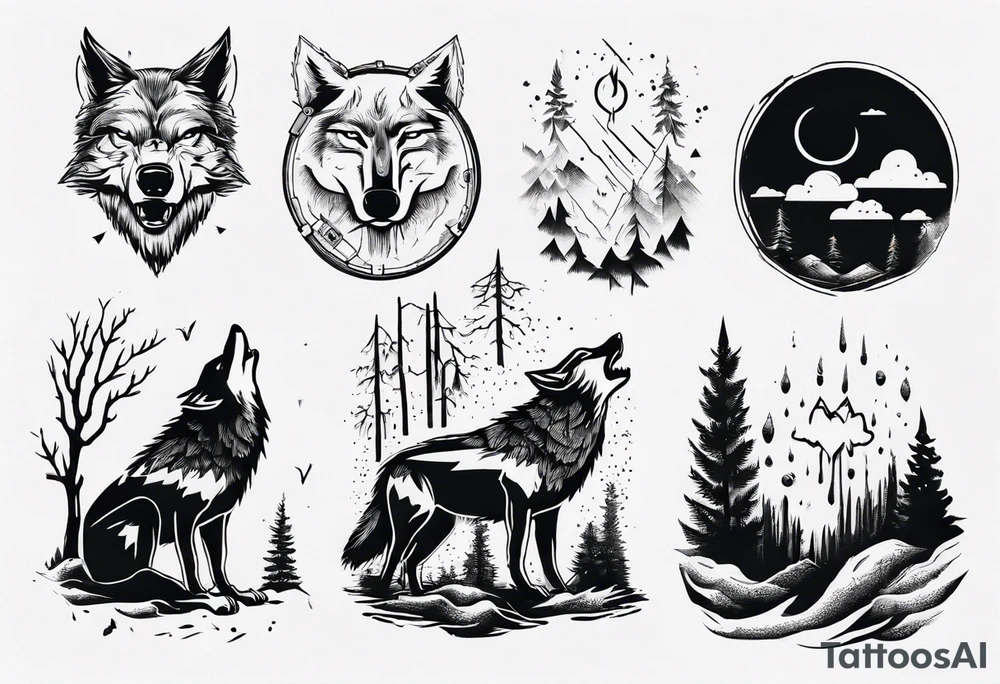 thunderstorm over a forest with a wolf howling on drums tattoo idea thunderstorm over a forest with a wolf howling on drums tattoo idea