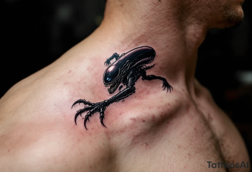 A realistic Xenomorph in mid-pounce, its glossy black body and sharp claws contrasted with subtle, deep purple highlights under the moonlight. tattoo idea