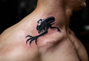 A realistic Xenomorph in mid-pounce, its glossy black body and sharp claws contrasted with subtle, deep purple highlights under the moonlight. tattoo idea