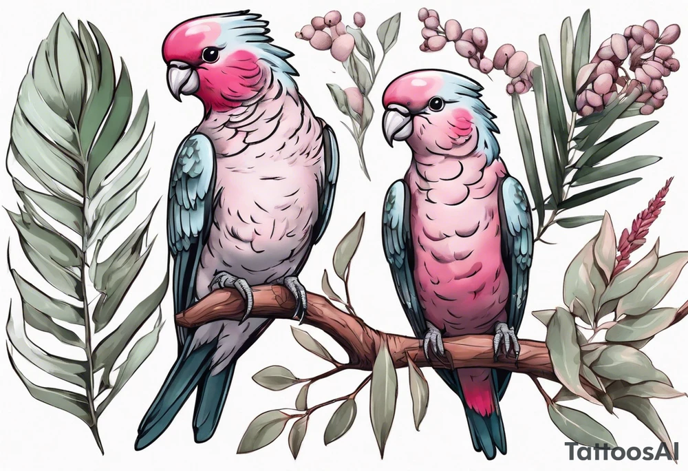 Galahs sitting on wattle and eucalyptus leaves tattoo idea