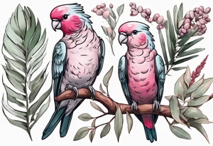 Galahs sitting on wattle and eucalyptus leaves tattoo idea