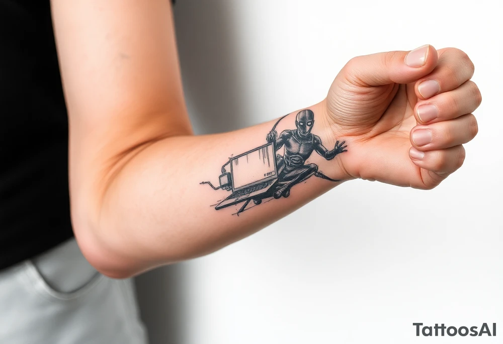 Tattoo for the top side of the forearm, black and gray, flash, hacker computer tech tattoo idea