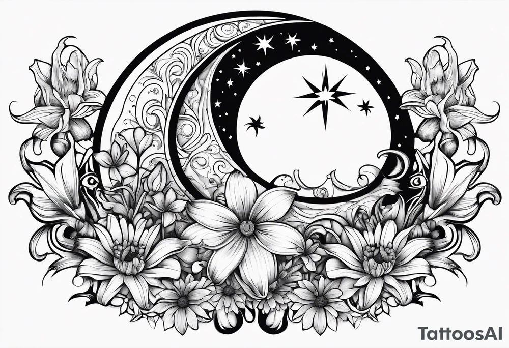 Crescent moon with daisy's, lily’s, crystals, and mushrooms tattoo idea