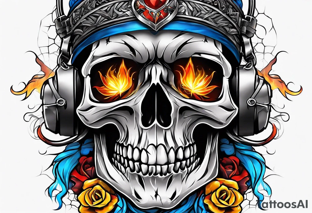 Broken skull red orange yellow blue smoke rope tattoo idea