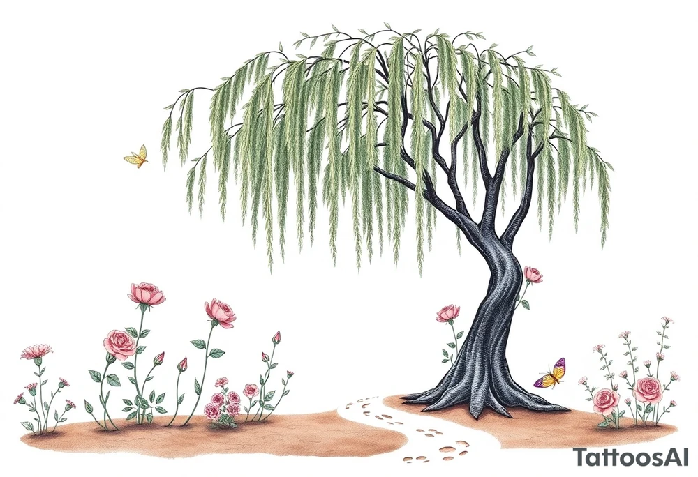weeping willow garden with roses and liles flower beds. fantasy creatures, fairies, mermiads, dragons butterflies,  cat paw prints path in dirt. tattoo idea