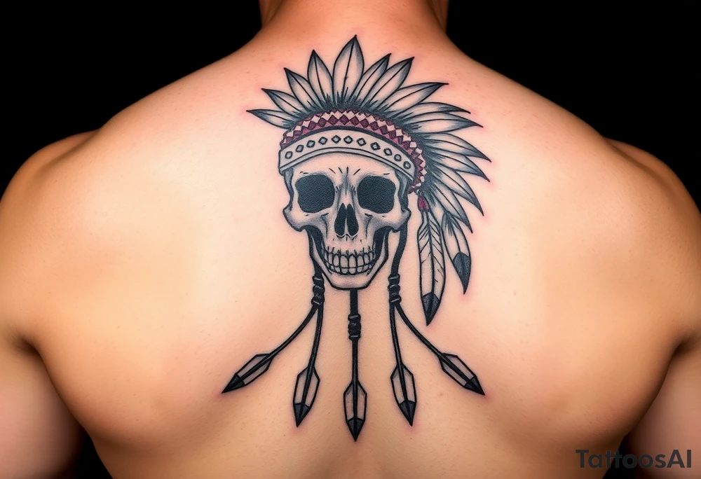 Native American skull with head dress and arrows below tattoo idea