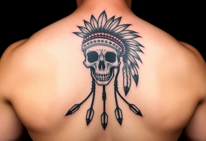 Native American skull with head dress and arrows below tattoo idea