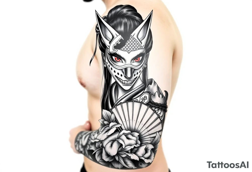 japanese samurai woman with red eyes wearing a kitsune half and broken mask and holding a fan with irises flowers ornement tattoo idea