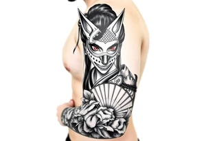 japanese samurai woman with red eyes wearing a kitsune half and broken mask and holding a fan with irises flowers ornement tattoo idea