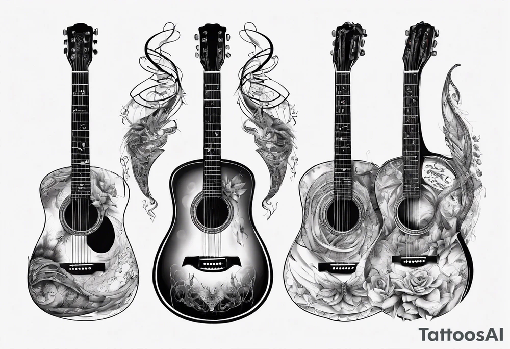 Acoustic Guitar neck with strings made of signatures emerging from skin tattoo idea