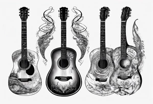 Acoustic Guitar neck with strings made of signatures emerging from skin tattoo idea