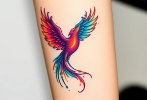 Phoenix in flames with purple, blue, orange, teal and green splashes, looking upwards. Materializing from below. tattoo idea