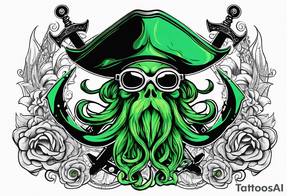 green pirate squid with eyepatch holding sword and anchor tattoo idea