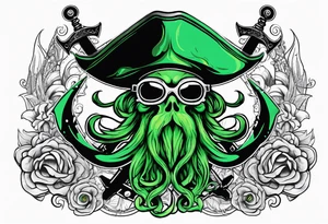 green pirate squid with eyepatch holding sword and anchor tattoo idea