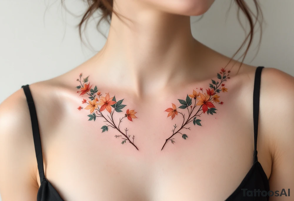 Two separate collarbone tattoos of long, stems and branches covered with red, orange, yellow and dark forest green leaves and flowers, fall themed, muted, delicate and gentle but moody, long and thin, following the collarbone. tattoo idea