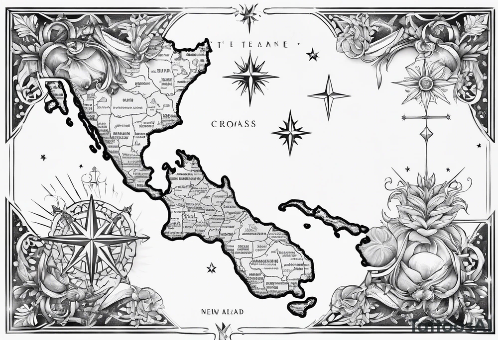 New Zealand map outline behind it and southern cross tattoo idea