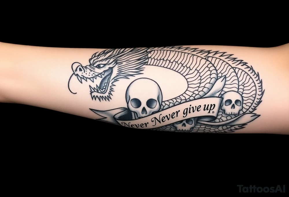 i want a big dragon on the forearm that wraps around the forearm with its tail. No wings. I want to be chinese and looking angry. I want a skull or some skulls involved in the tattoo. I want a banner that has «Never give up» written on it in chinese letters. I want the numbers 99/04 somewhere on it aswell. tattoo idea