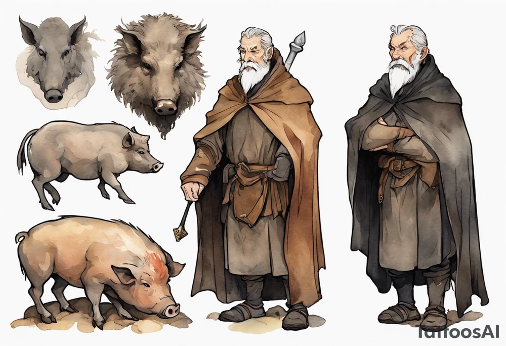 a 55-year-old medieval Bavarian man with a grey beard and broad shoulders wearing a brown and black cloak standing next to a boar in front of a cave tattoo idea