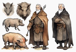 a 55-year-old medieval Bavarian man with a grey beard and broad shoulders wearing a brown and black cloak standing next to a boar in front of a cave tattoo idea