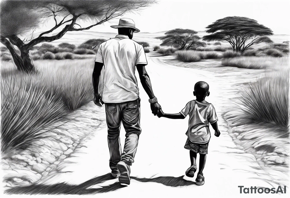 Child walking next to dad past away in Africa shape tattoo idea