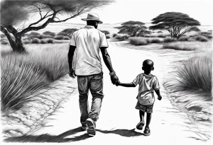 Child walking next to dad past away in Africa shape tattoo idea