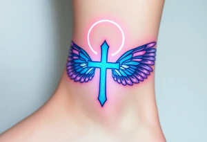 A floating cross inside a luminous halo, with iridescent wings that change colors in light tattoo idea