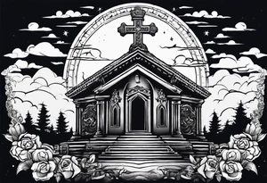 Tomb with cross and sun in the background tattoo idea