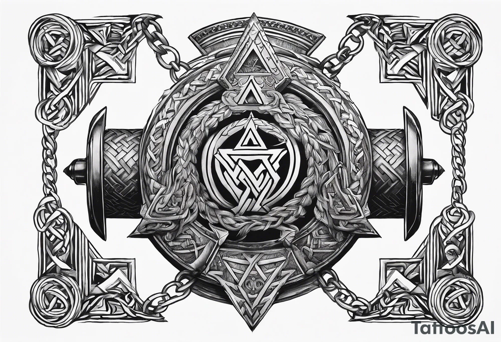 Valhalla sword round  axe Valknut steps fire chains tattoo idea