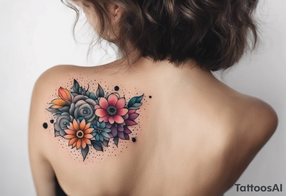 Shoulder tattoo of colorful flowers surrounding the number 7 tattoo idea