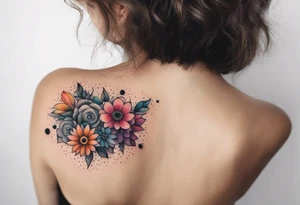 Shoulder tattoo of colorful flowers surrounding the number 7 tattoo idea