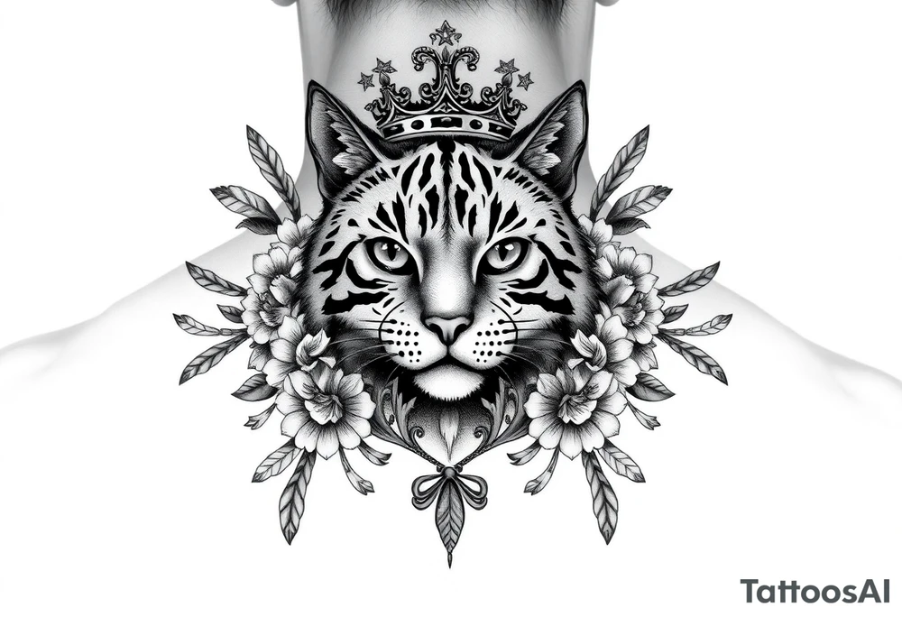 powerful majestic cat with a crown, surrounded by floral ornaments and birds tattoo idea