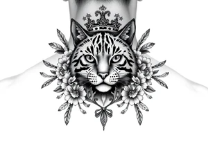 powerful majestic cat with a crown, surrounded by floral ornaments and birds tattoo idea