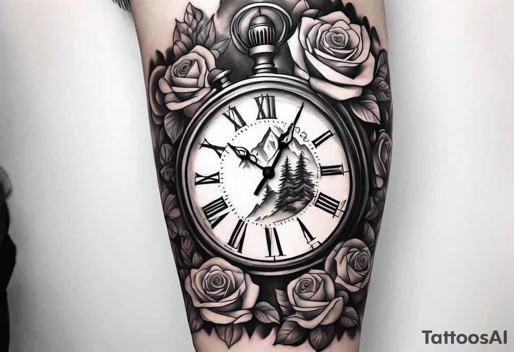 Mountains with clock with roses sleeve design tattoo idea Mountains with clock with roses sleeve design tattoo idea