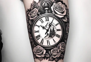 Mountains with clock with roses sleeve design tattoo idea
