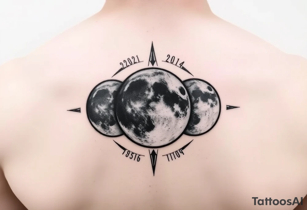moon phases for 07/19/2012, 05/26/2014, and 11/05/1991 tattoo idea