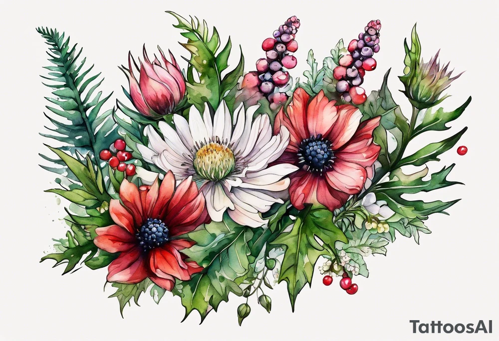 wildflowers with thistles, ferns, white flowers, cream flowers, green flowers, pink flowers, red flowers, berries and all in watercolor tattoo idea
