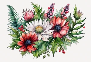 wildflowers with thistles, ferns, white flowers, cream flowers, green flowers, pink flowers, red flowers, berries and all in watercolor tattoo idea