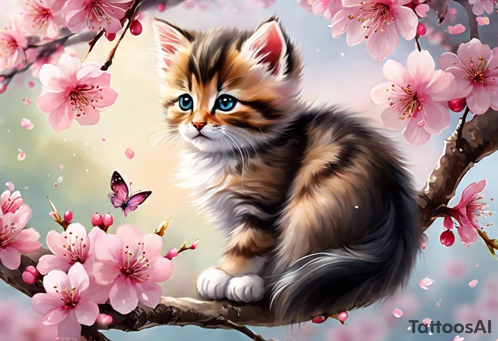 Generate a design to tatto on my biceps where a graceful pink cherry blossom tree extends vertically, occupying the full height of 15cm, with delicate blossoms scattered along its slender branches coloured with a watercolor effect. Nestled among the branches, a small, playful kitten is perched, gazing curiously outward. The kitten's fur can have intricate details, highlighting its softness and playfulness. Surrounding the kitten and the tree, some petals could be gently falling, adding a dynamic and serene feel to the design. This vertical composition would elegantly fit your biceps, creating a charming and feminine piece of art. tattoo idea