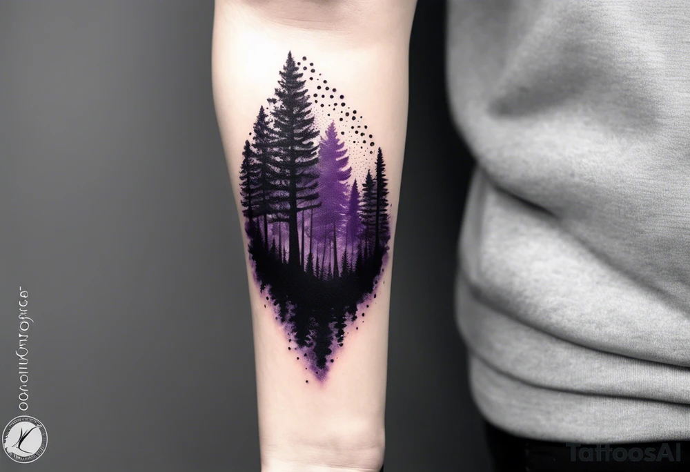 forest, purple and black, on forearm, fully covered, no borders, blackwork tattoo idea