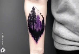 forest, purple and black, on forearm, fully covered, no borders, blackwork tattoo idea