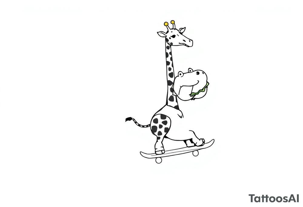 Majestic giraffe riding a skateboard and eating a hippo sandwich tattoo idea